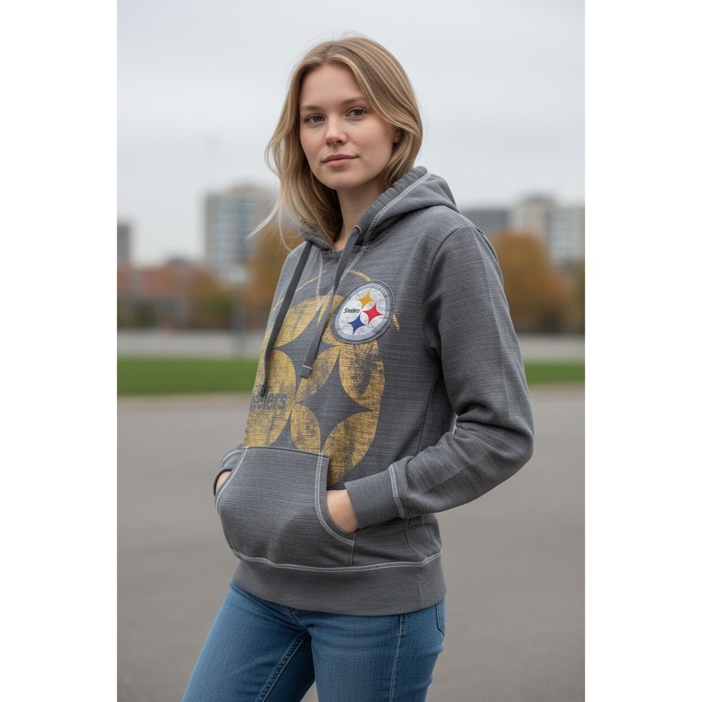 Majestic Pittsburgh Steelers Women's Gray Heathered Graphic Hoodie M Fanfare